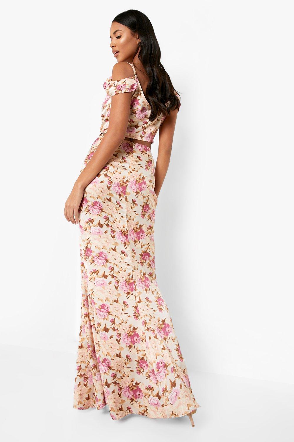 Satin floral hot sale maxi skirt